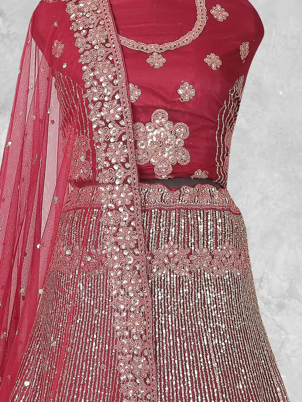 Wine Plum Medallion Embroidered Velvet Semi-Stitched Brides Lehenga Choli - Detail View 2