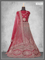 Wine Plum Medallion Embroidered Velvet Semi-Stitched Brides Lehenga Choli - Fabric Close-up