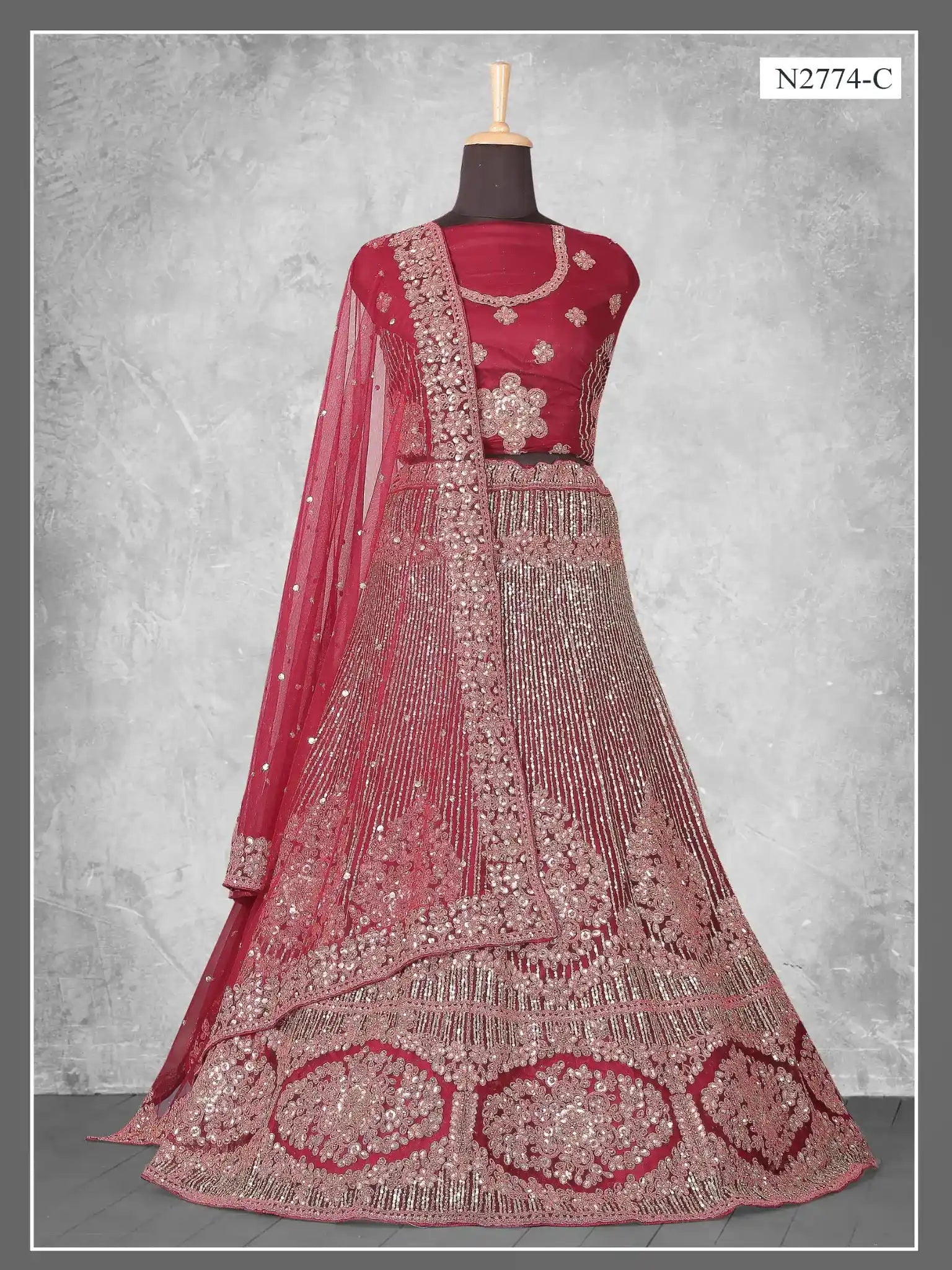 Wine Plum Medallion Embroidered Velvet Semi-Stitched Brides Lehenga Choli - Fabric Close-up