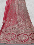 Wine Plum Medallion Embroidered Velvet Semi-Stitched Brides Lehenga Choli - Detail View 1