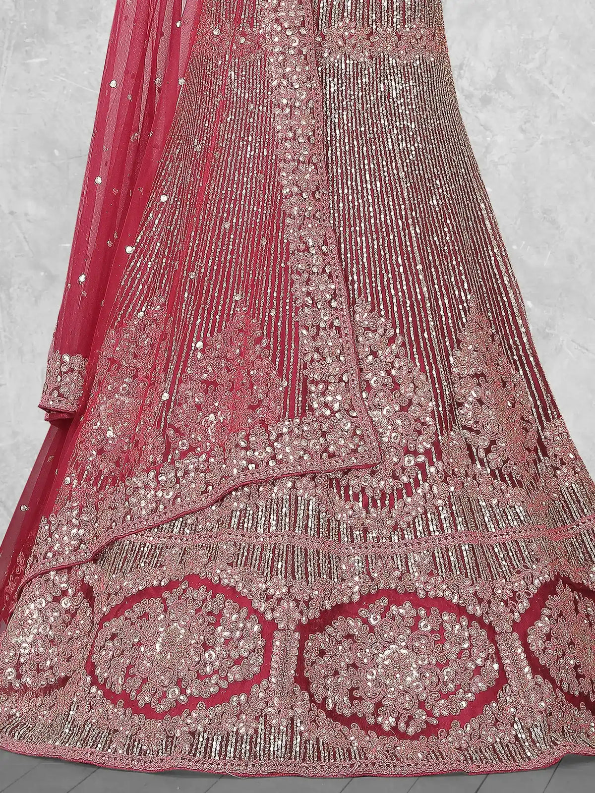 Wine Plum Medallion Embroidered Velvet Semi-Stitched Brides Lehenga Choli - Detail View 1