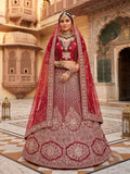 Wine Plum Medallion Embroidered Velvet Semi-Stitched Brides Lehenga Choli