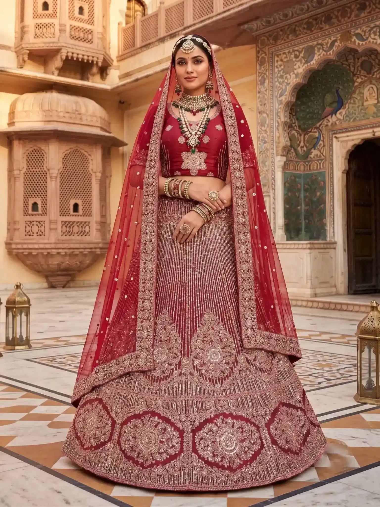Wine Plum Medallion Embroidered Velvet Semi-Stitched Brides Lehenga Choli - Front View