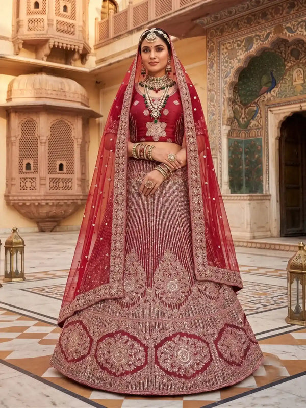 Wine Plum Medallion Embroidered Velvet Semi-Stitched Brides Lehenga Choli - Front View