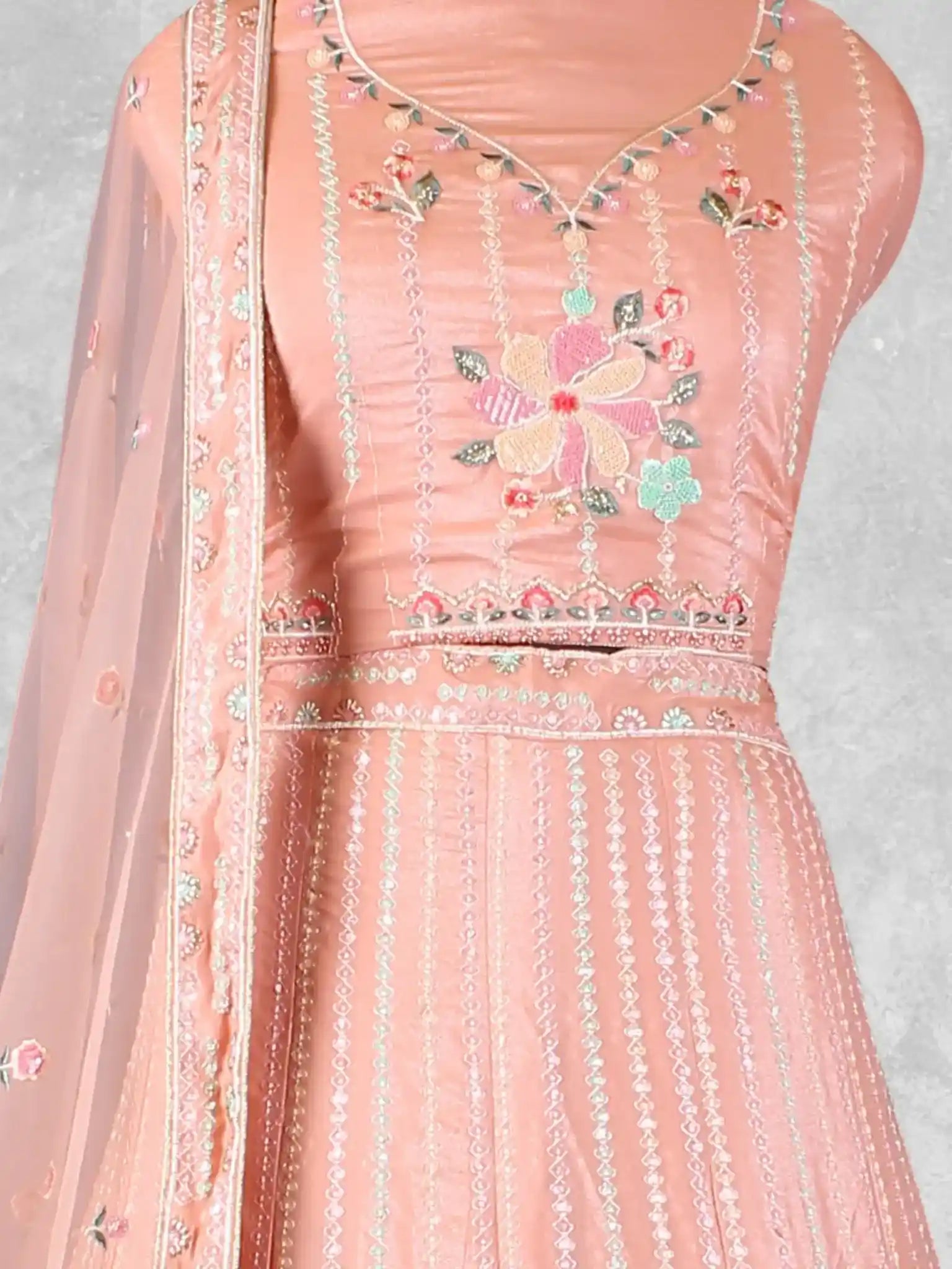 Peach Embroidered Net Semi-Stitched Bridesmaid Lehenga Choli - Detail View 1