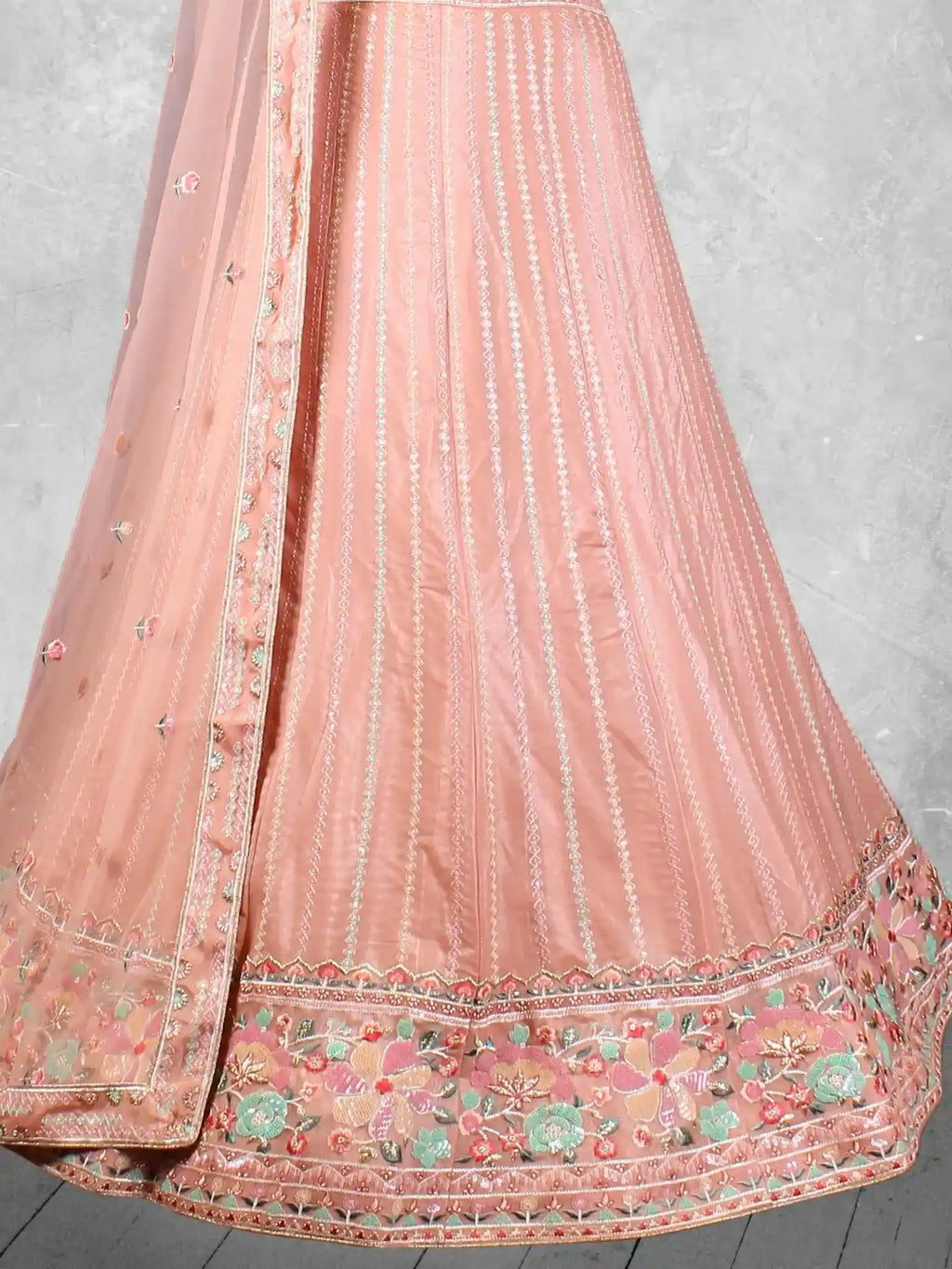 Peach Embroidered Net Semi-Stitched Bridesmaid Lehenga Choli - Detail View 2