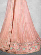 Peach Embroidered Net Semi-Stitched Bridesmaid Lehenga Choli - Detail View 2