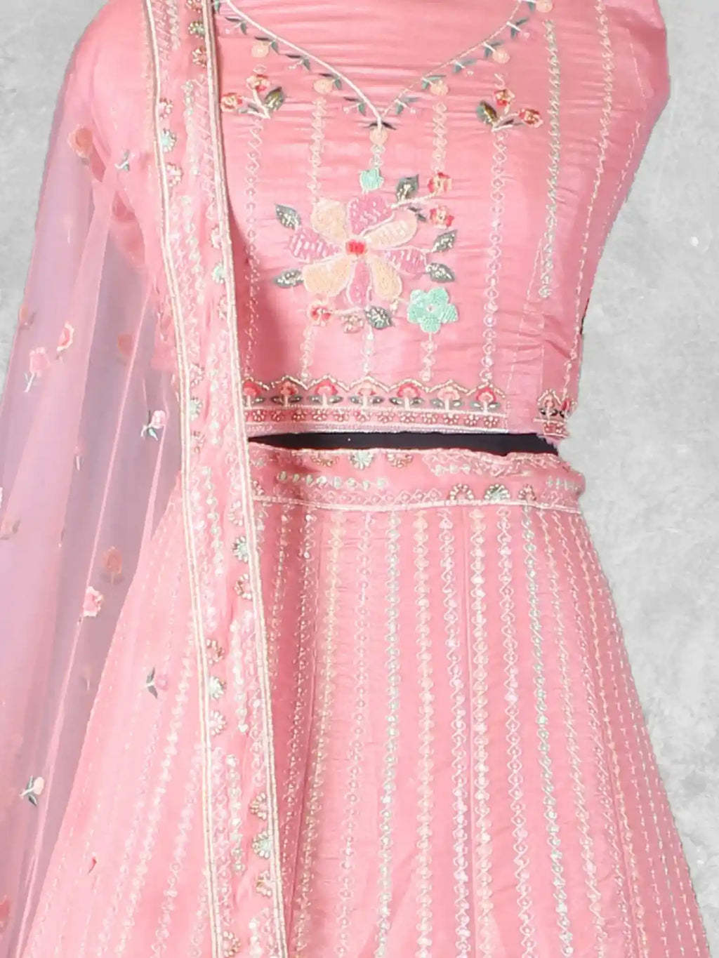 Baby Pink Embroidered Net Semi-Stitched Bridesmaid Lehenga Choli - Detail View 1
