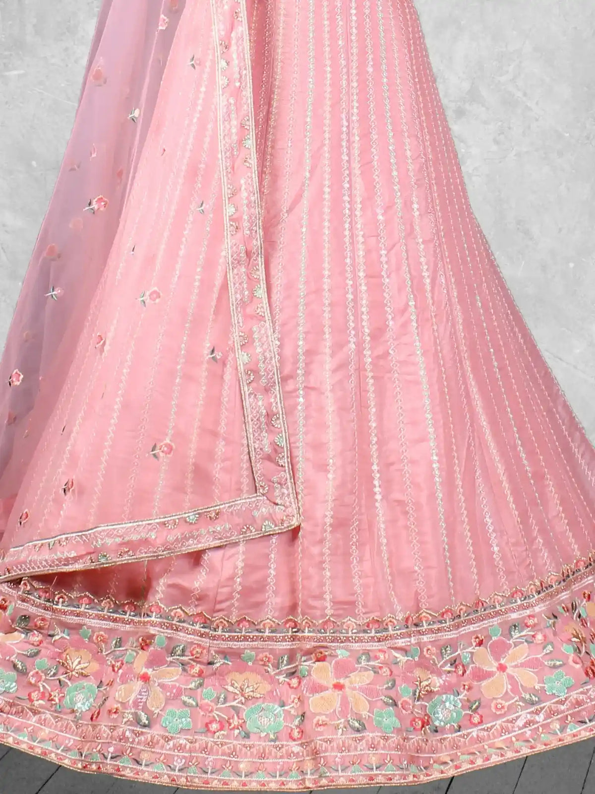 Baby Pink Embroidered Net Semi-Stitched Bridesmaid Lehenga Choli - Detail View 2