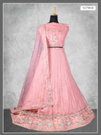 Baby Pink Embroidered Net Semi-Stitched Bridesmaid Lehenga Choli - Fabric Close-up