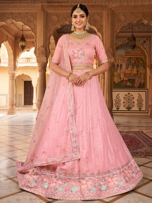 Baby Pink Embroidered Net Semi-Stitched Bridesmaid Lehenga Choli - Front View