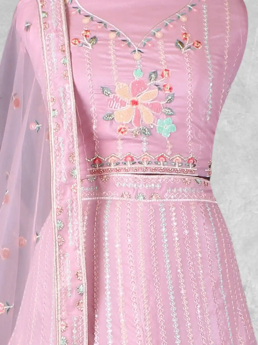 Lavender Mauve Embroidered Net Semi-Stitched Bridesmaid Lehenga Choli - Detail View 1