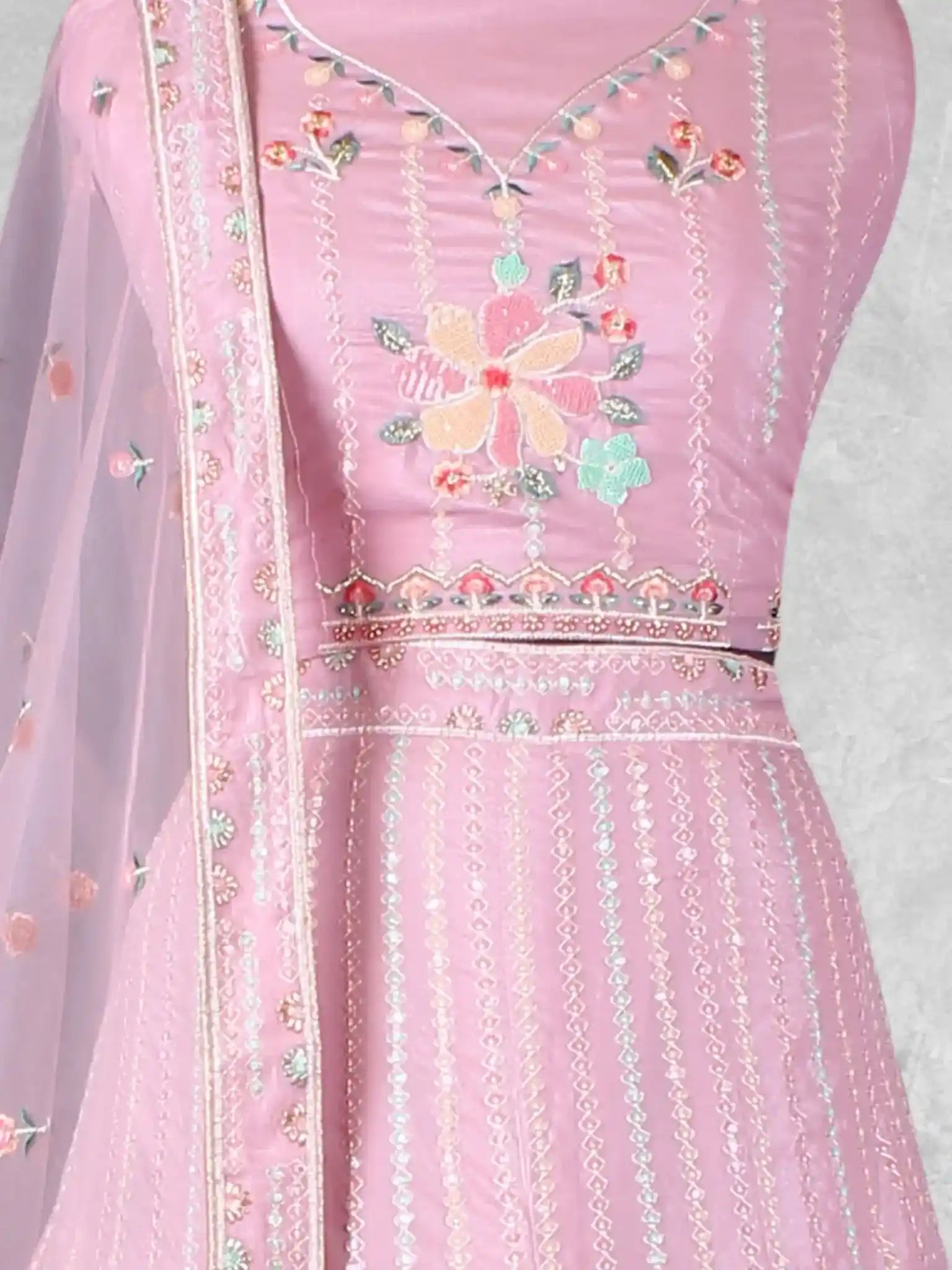 Lavender Mauve Embroidered Net Semi-Stitched Bridesmaid Lehenga Choli - Detail View 1