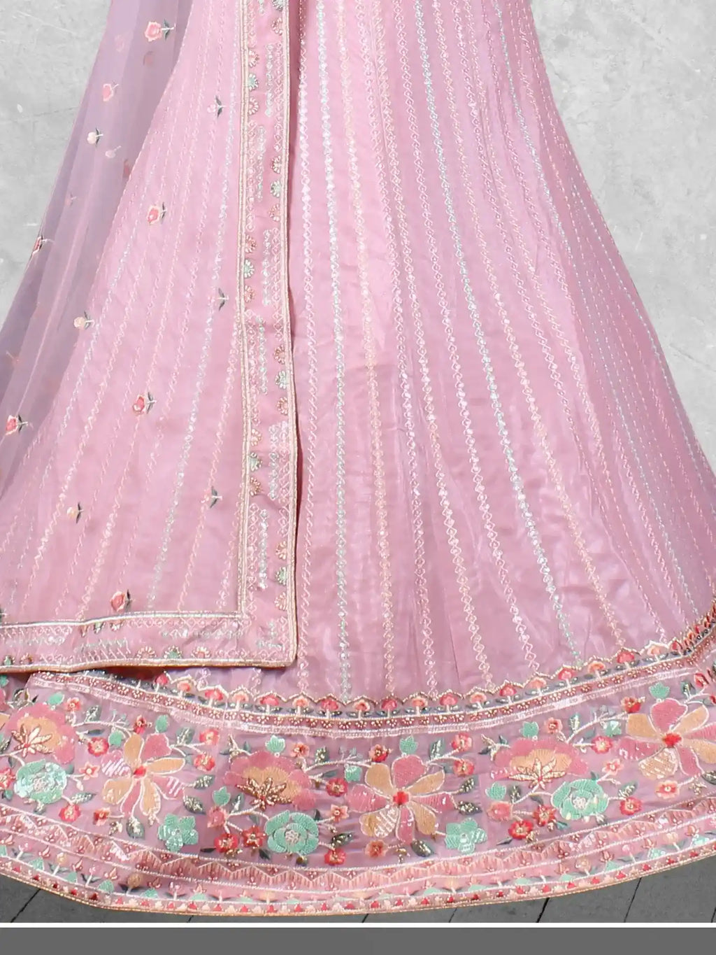 Lavender Mauve Embroidered Net Semi-Stitched Bridesmaid Lehenga Choli - Detail View 2