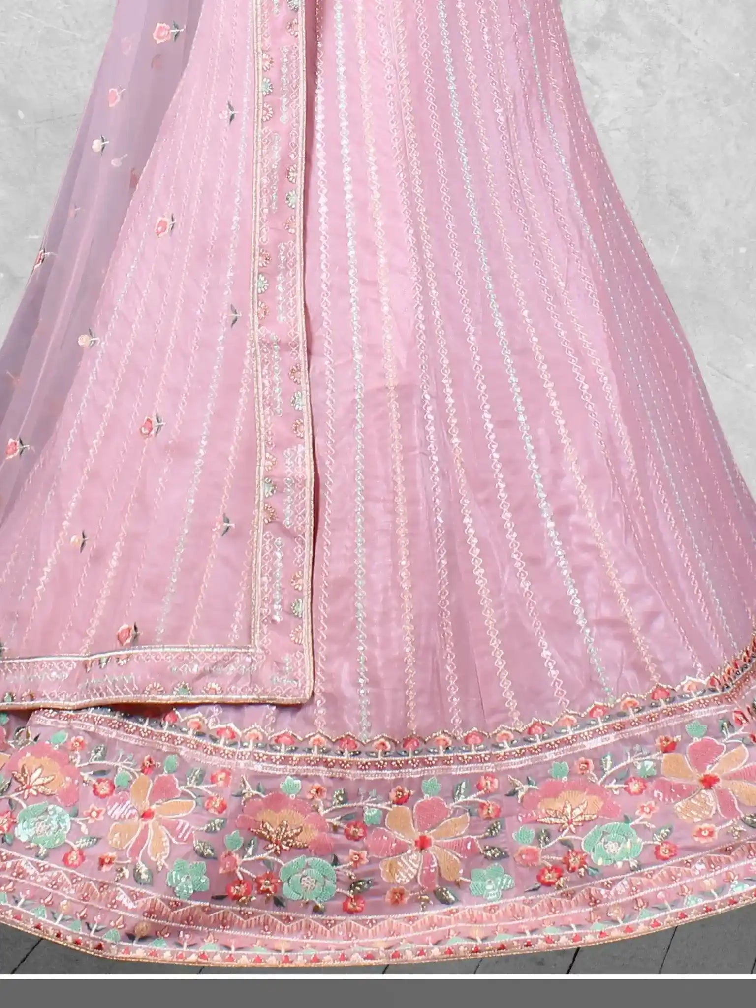 Lavender Mauve Embroidered Net Semi-Stitched Bridesmaid Lehenga Choli - Detail View 2