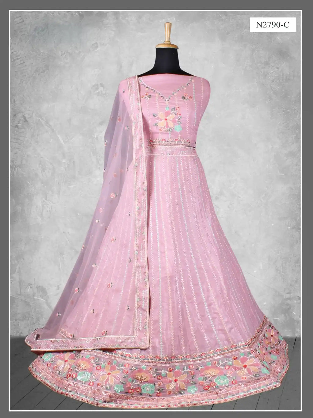 Lavender Mauve Embroidered Net Semi-Stitched Bridesmaid Lehenga Choli - Fabric Close-up
