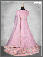 Lavender Mauve Embroidered Net Semi-Stitched Bridesmaid Lehenga Choli - Fabric Close-up