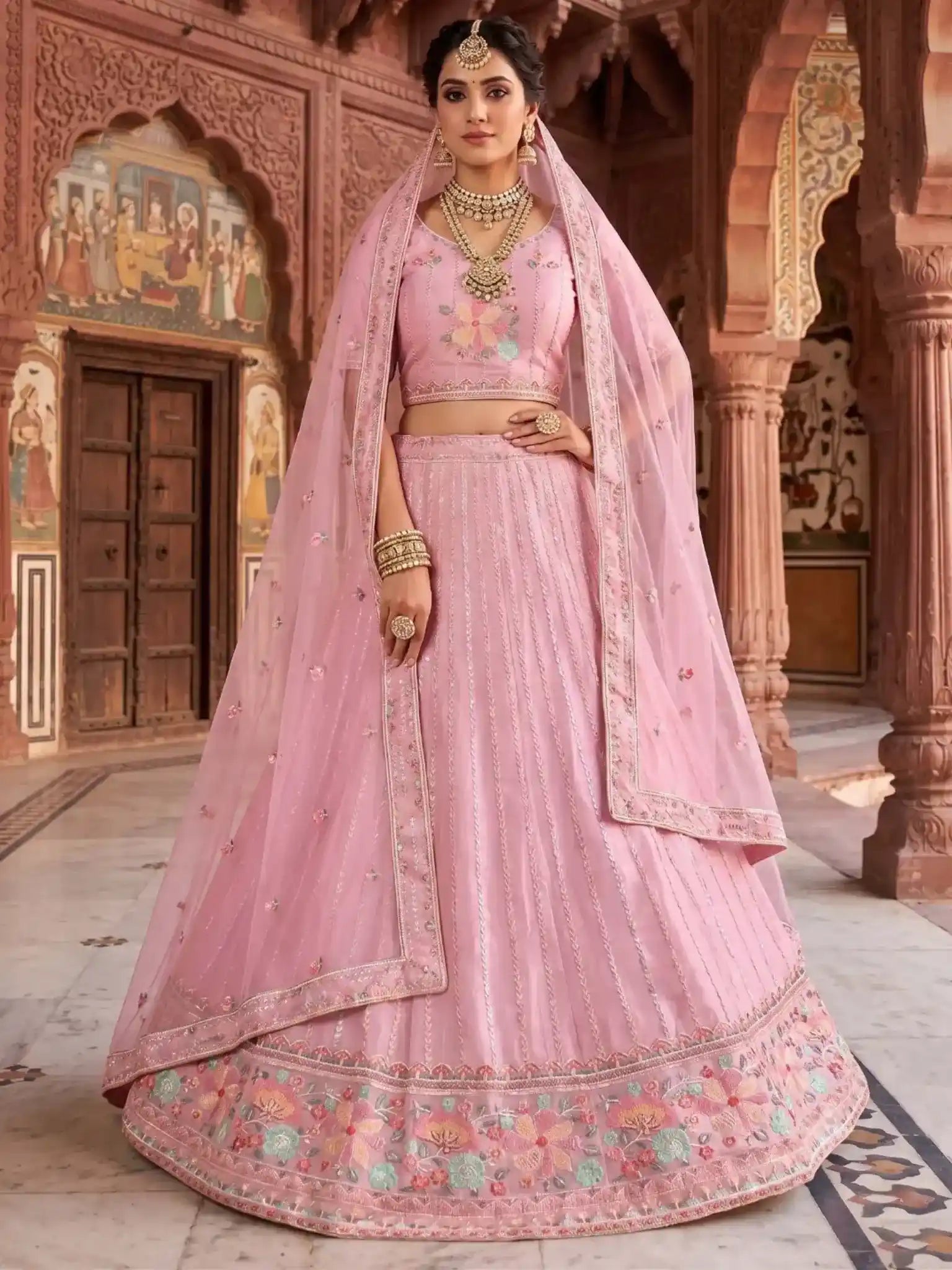 Lavender Mauve Embroidered Net Semi-Stitched Bridesmaid Lehenga Choli - Front View