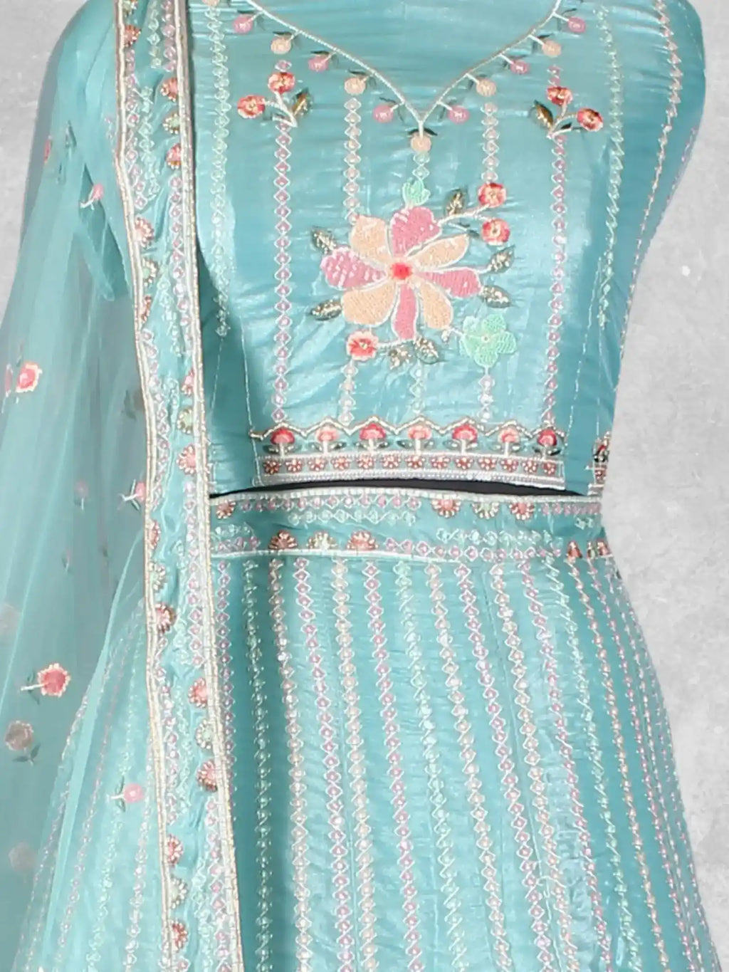 Sky Blue Embroidered Net Semi-Stitched Bridesmaid Lehenga Choli - Detail View 1