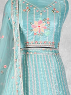 Sky Blue Embroidered Net Semi-Stitched Bridesmaid Lehenga Choli - Detail View 1
