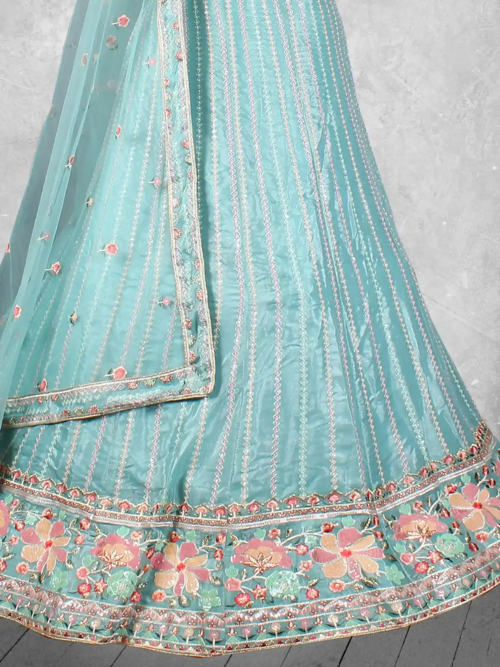 Sky Blue Embroidered Net Semi-Stitched Bridesmaid Lehenga Choli - Detail View 2