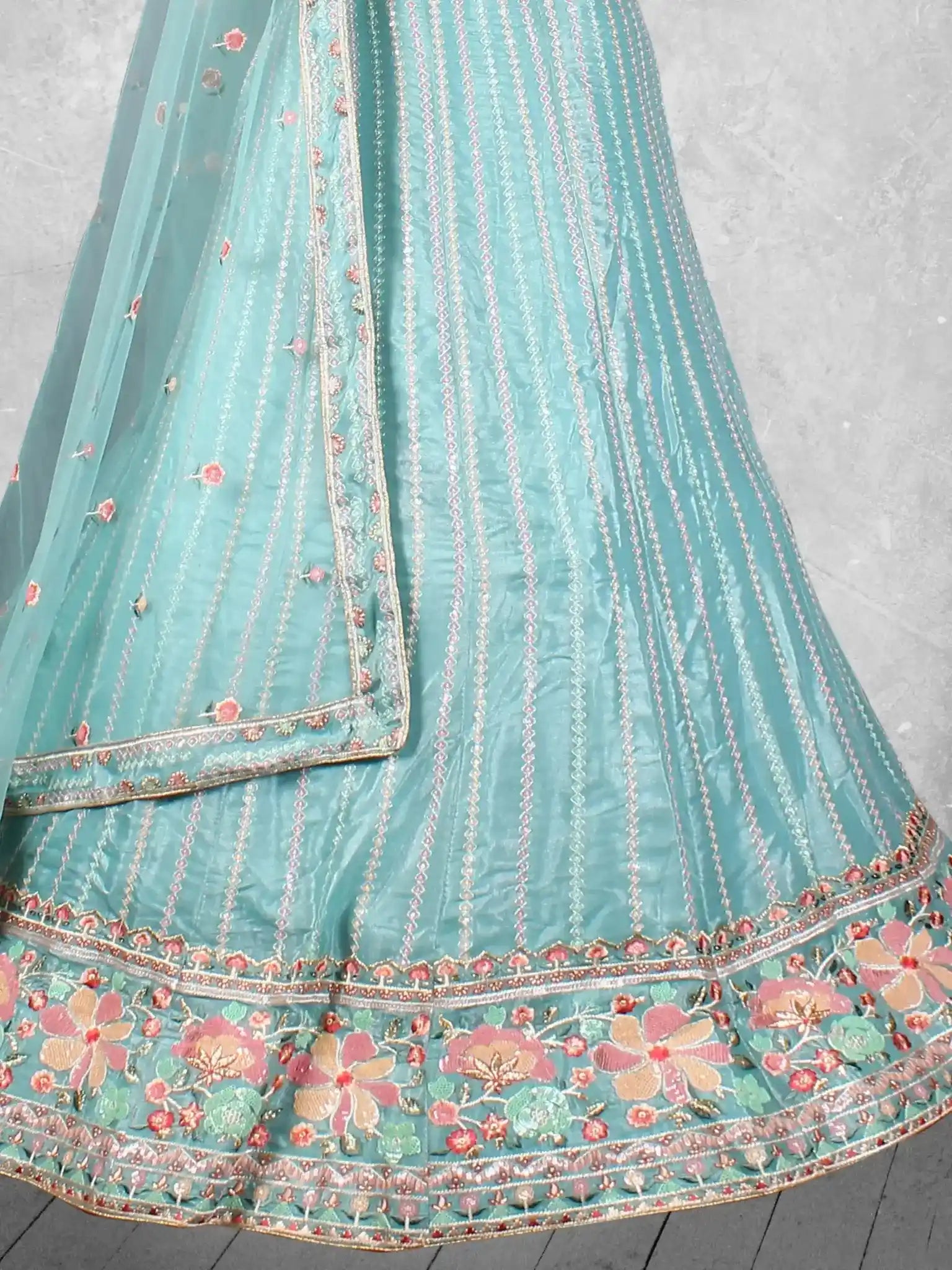 Sky Blue Embroidered Net Semi-Stitched Bridesmaid Lehenga Choli - Detail View 2