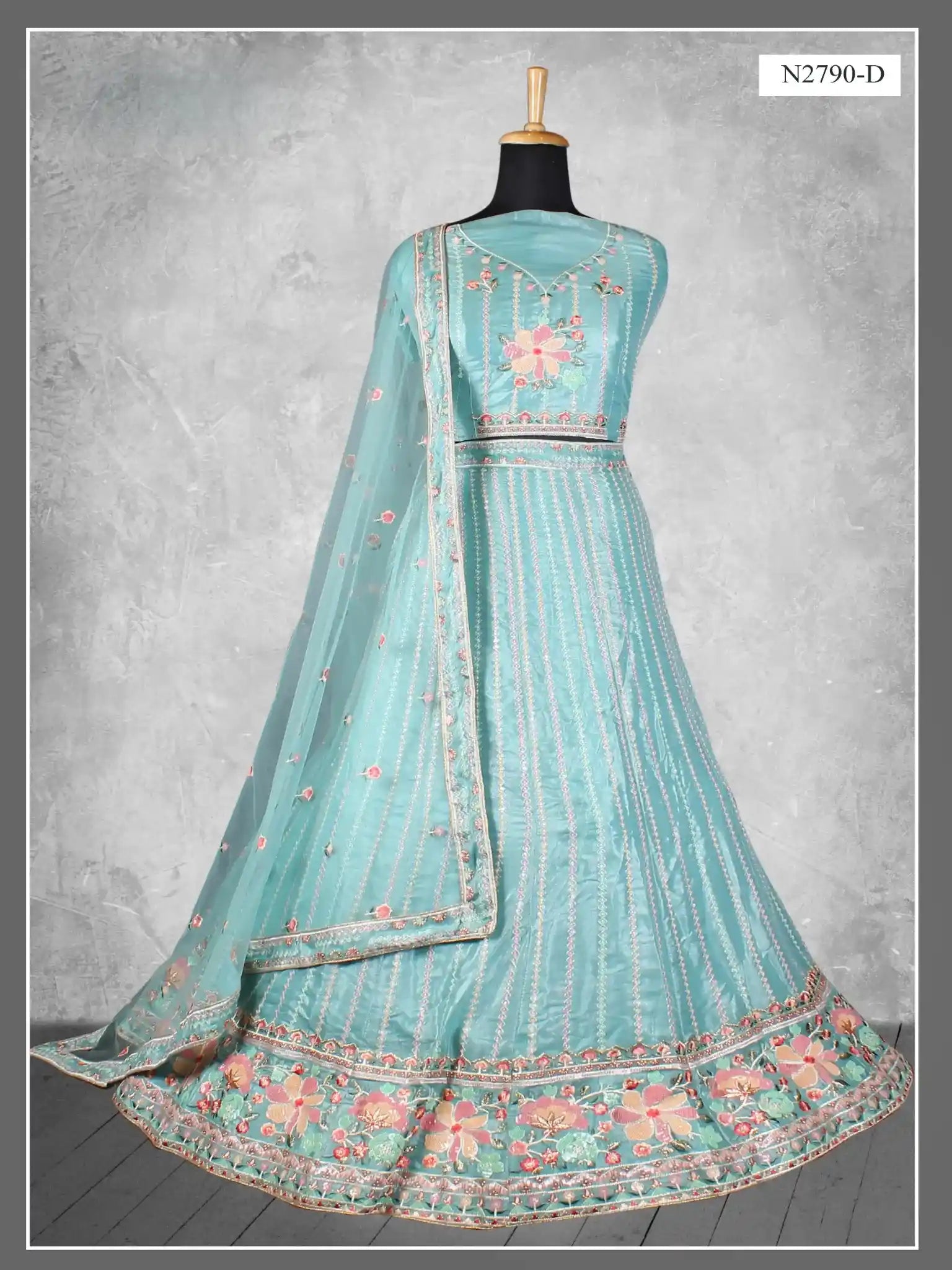 Sky Blue Embroidered Net Semi-Stitched Bridesmaid Lehenga Choli - Fabric Close-up
