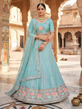 Sky Blue Embroidered Net Semi-Stitched Bridesmaid Lehenga Choli
