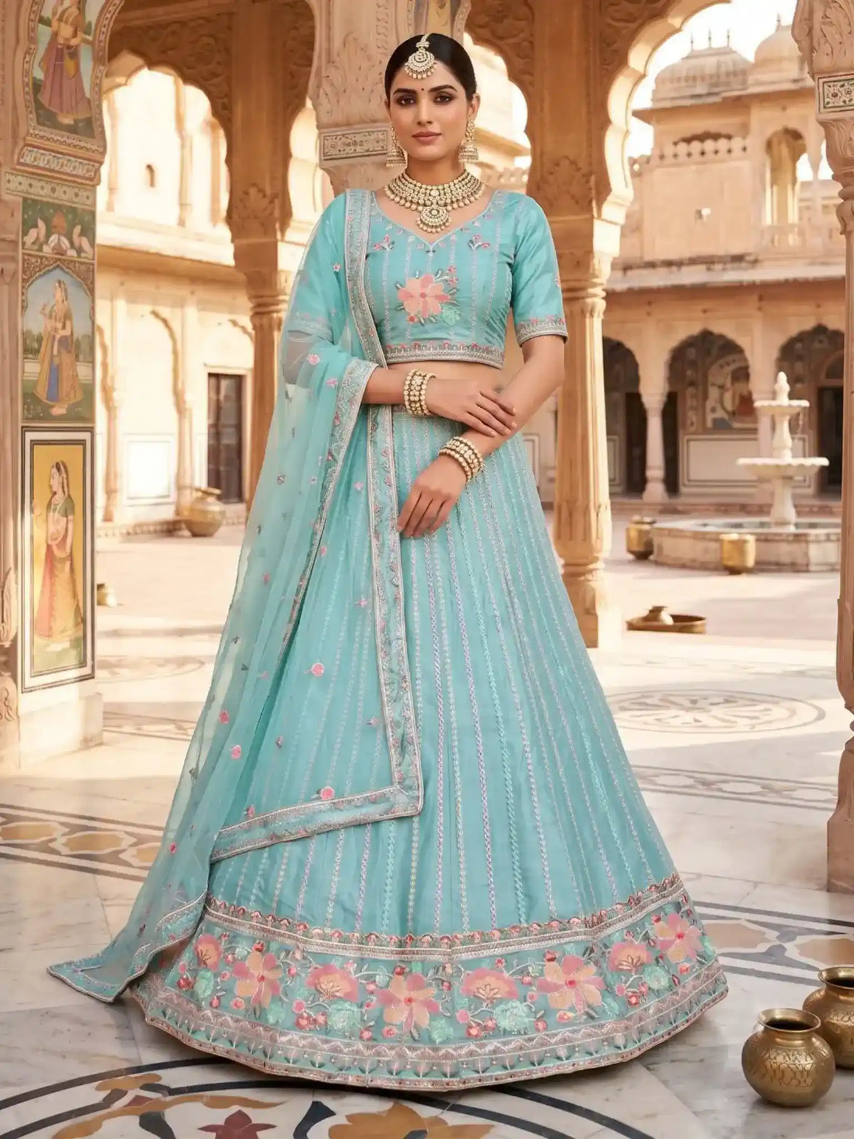 Sky Blue Embroidered Net Semi-Stitched Bridesmaid Lehenga Choli - Front View