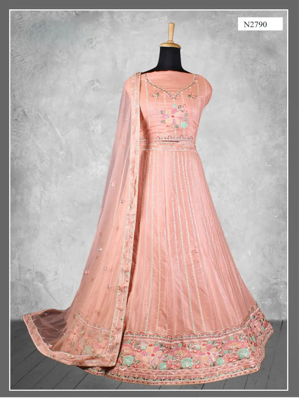 Peach Embroidered Net Semi-Stitched Bridesmaid Lehenga Choli - Fabric Close-up