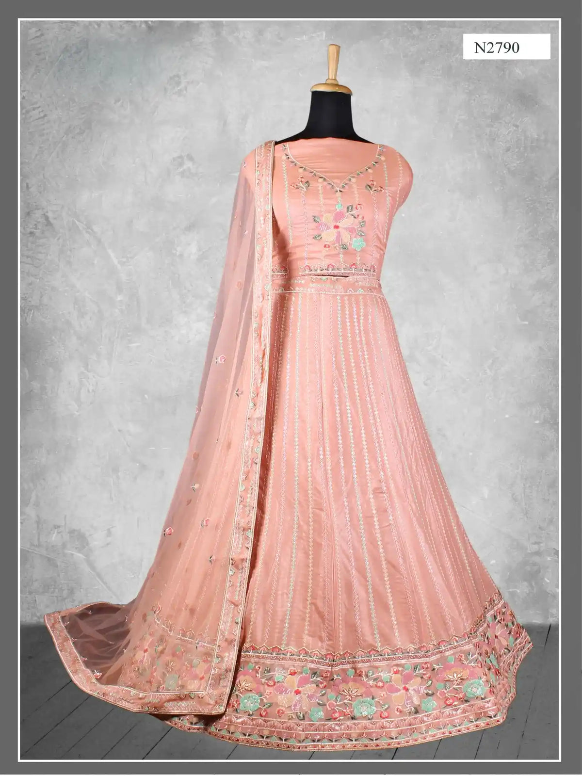 Peach Embroidered Net Semi-Stitched Bridesmaid Lehenga Choli - Fabric Close-up