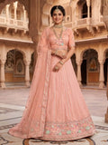 Peach Embroidered Net Semi-Stitched Bridesmaid Lehenga Choli - Front View