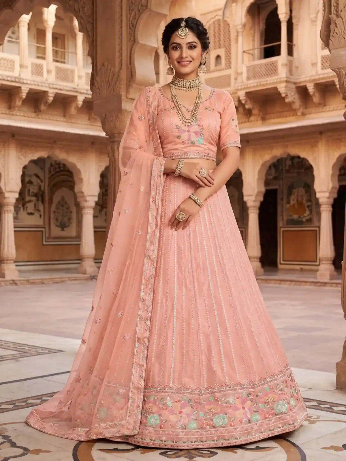 Peach Embroidered Net Semi-Stitched Bridesmaid Lehenga Choli - Front View