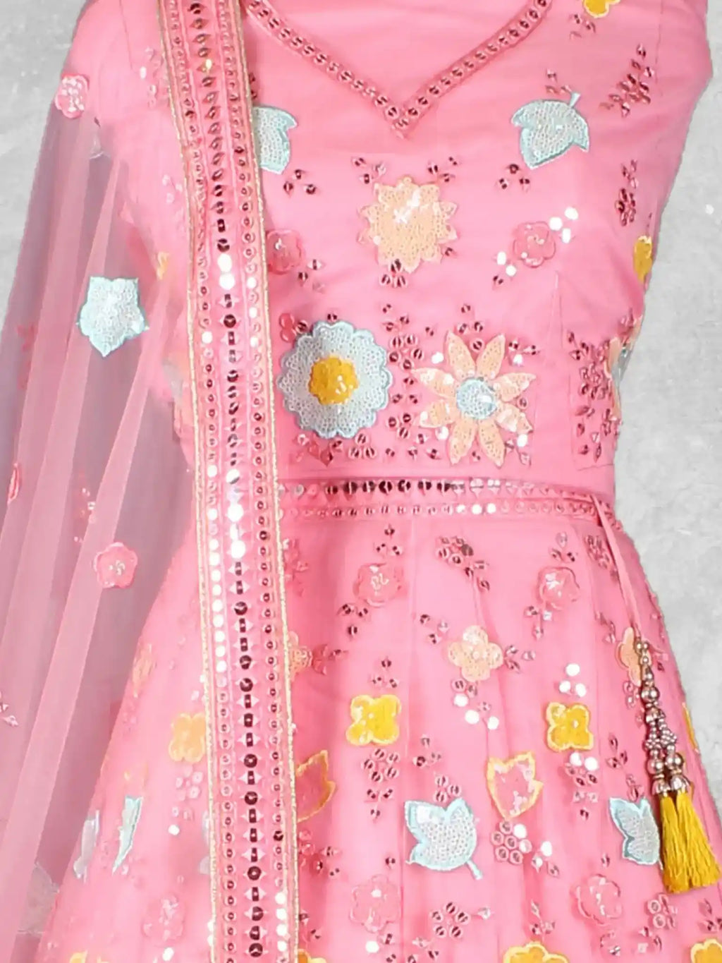 Rose Pink Floral Embroidered Net Semi-Stitched Bridesmaid Lehenga Choli - Detail View 1