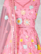 Rose Pink Floral Embroidered Net Semi-Stitched Bridesmaid Lehenga Choli - Detail View 1