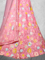 Rose Pink Floral Embroidered Net Semi-Stitched Bridesmaid Lehenga Choli - Detail View 2