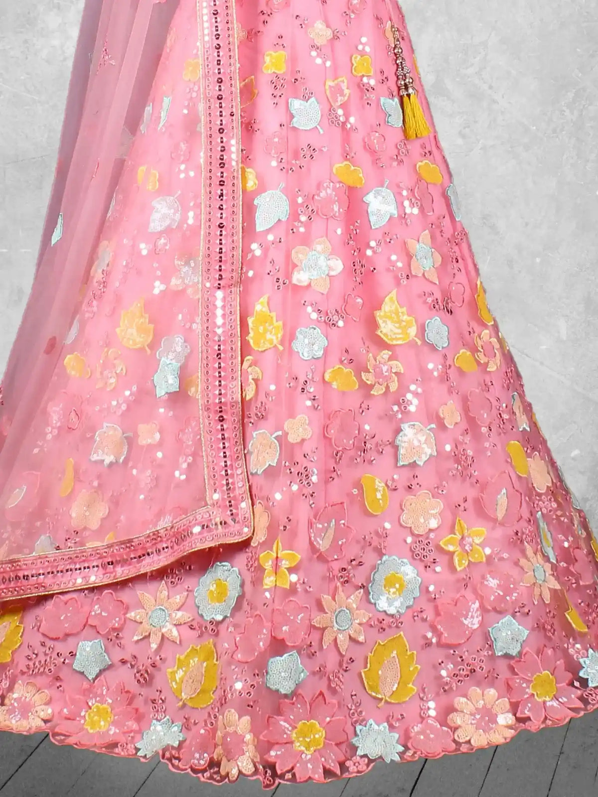 Rose Pink Floral Embroidered Net Semi-Stitched Bridesmaid Lehenga Choli - Detail View 2