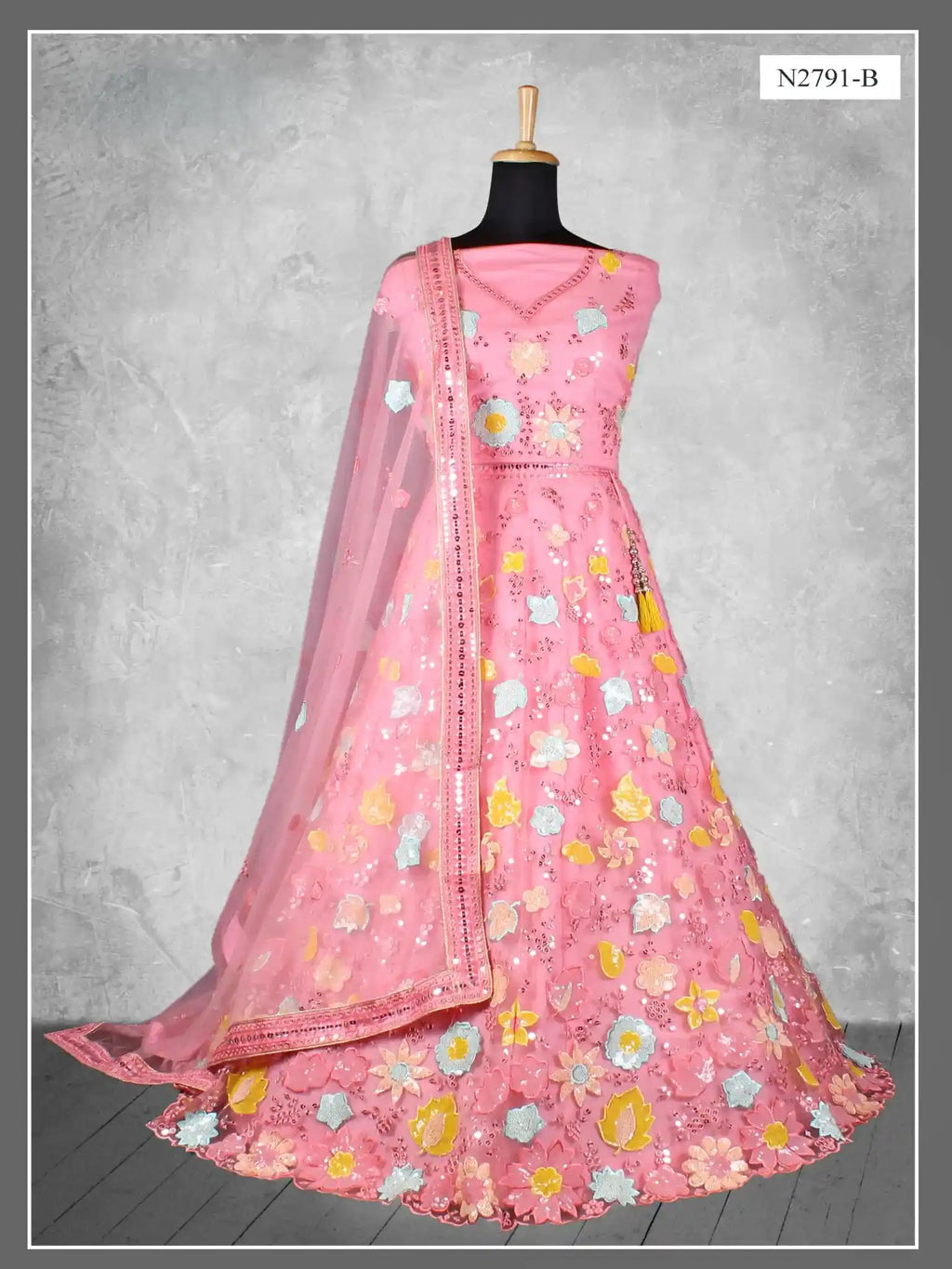 Rose Pink Floral Embroidered Net Semi-Stitched Bridesmaid Lehenga Choli - Fabric Close-up