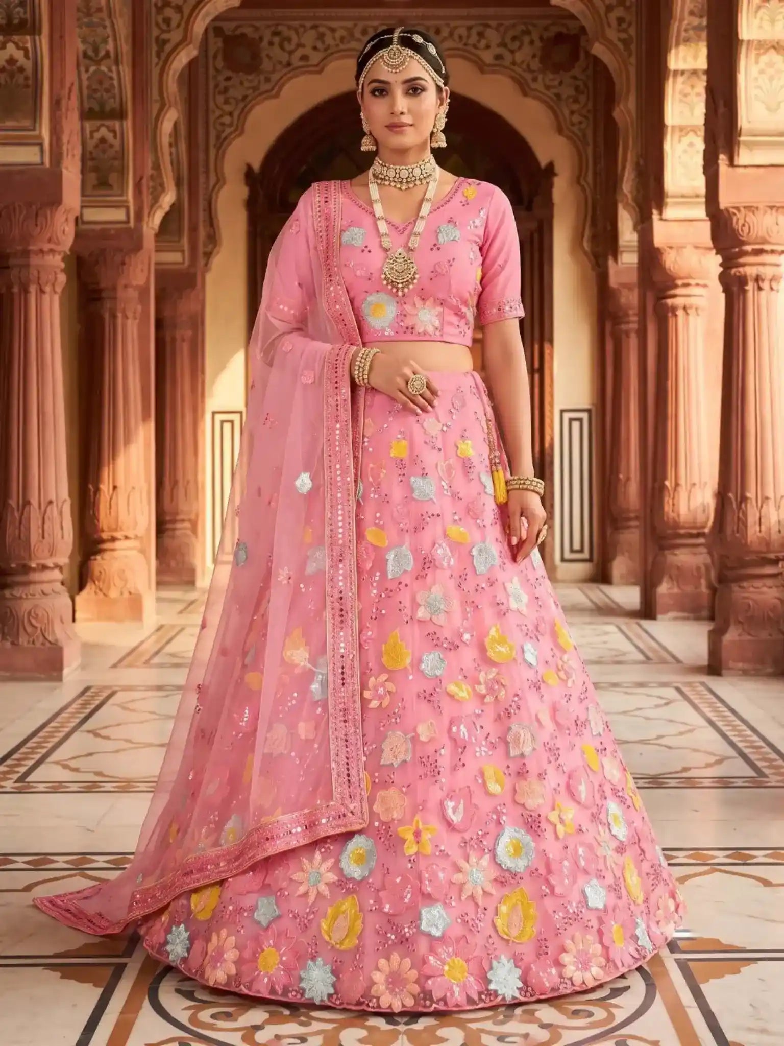 Rose Pink Floral Embroidered Net Semi-Stitched Bridesmaid Lehenga Choli - Front View