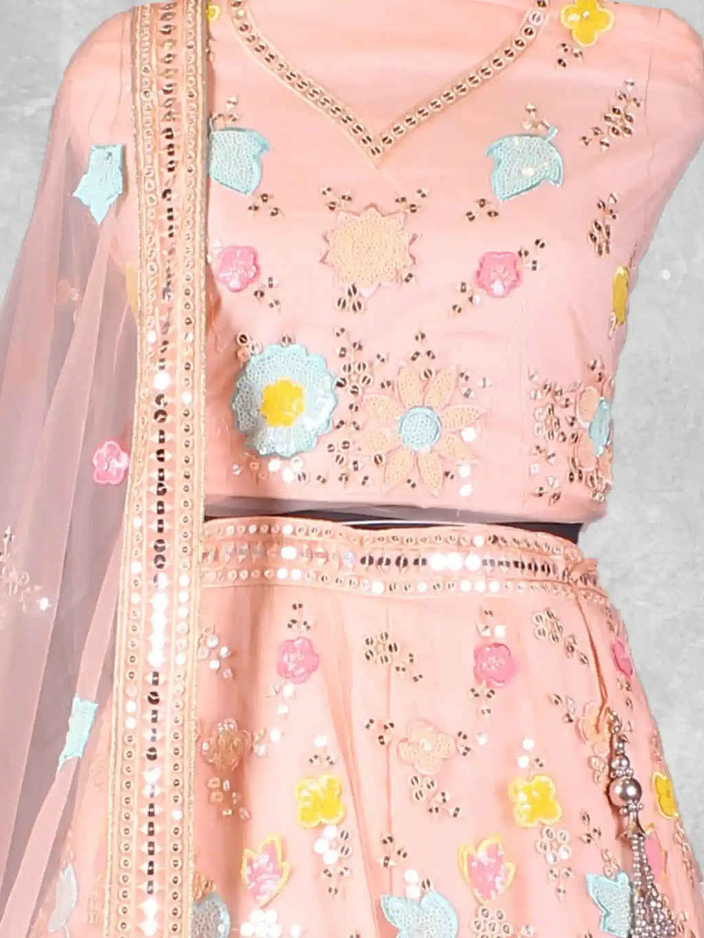 Peach Floral Embroidered Net Semi-Stitched Bridesmaid Lehenga Choli - Detail View 1
