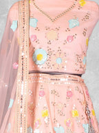 Peach Floral Embroidered Net Semi-Stitched Bridesmaid Lehenga Choli - Detail View 1