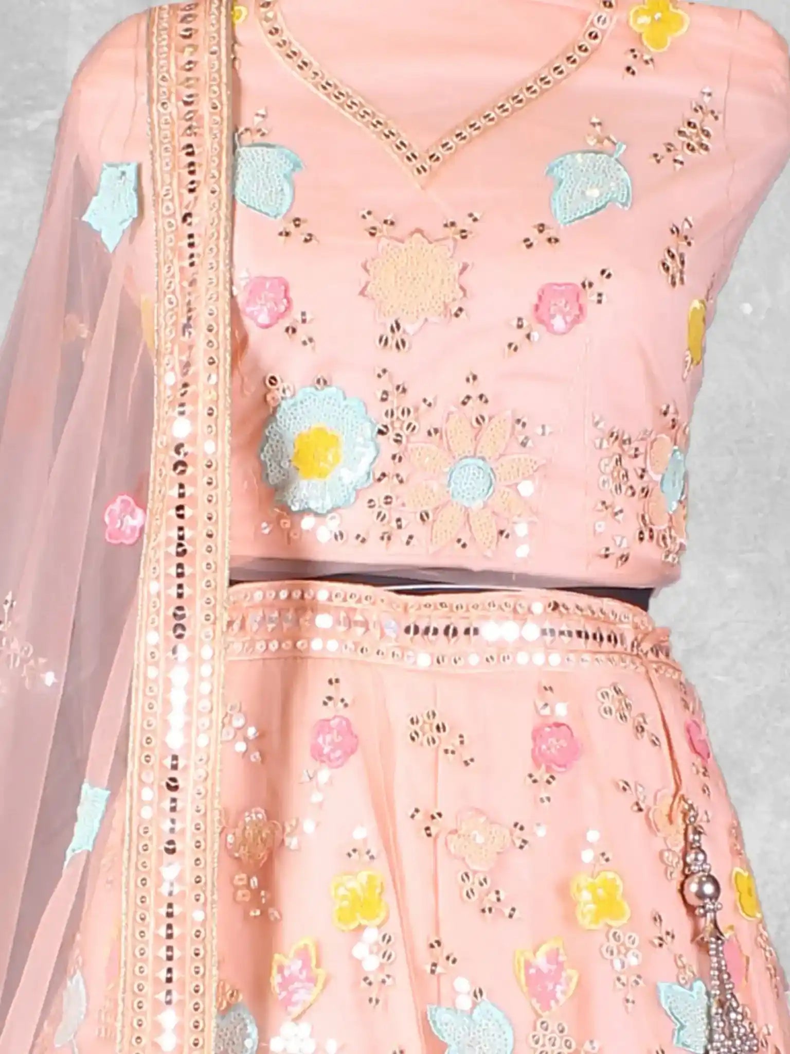 Peach Floral Embroidered Net Semi-Stitched Bridesmaid Lehenga Choli - Detail View 1