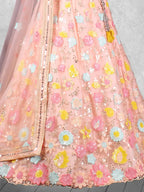Peach Floral Embroidered Net Semi-Stitched Bridesmaid Lehenga Choli - Detail View 2