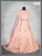 Peach Floral Embroidered Net Semi-Stitched Bridesmaid Lehenga Choli - Fabric Close-up