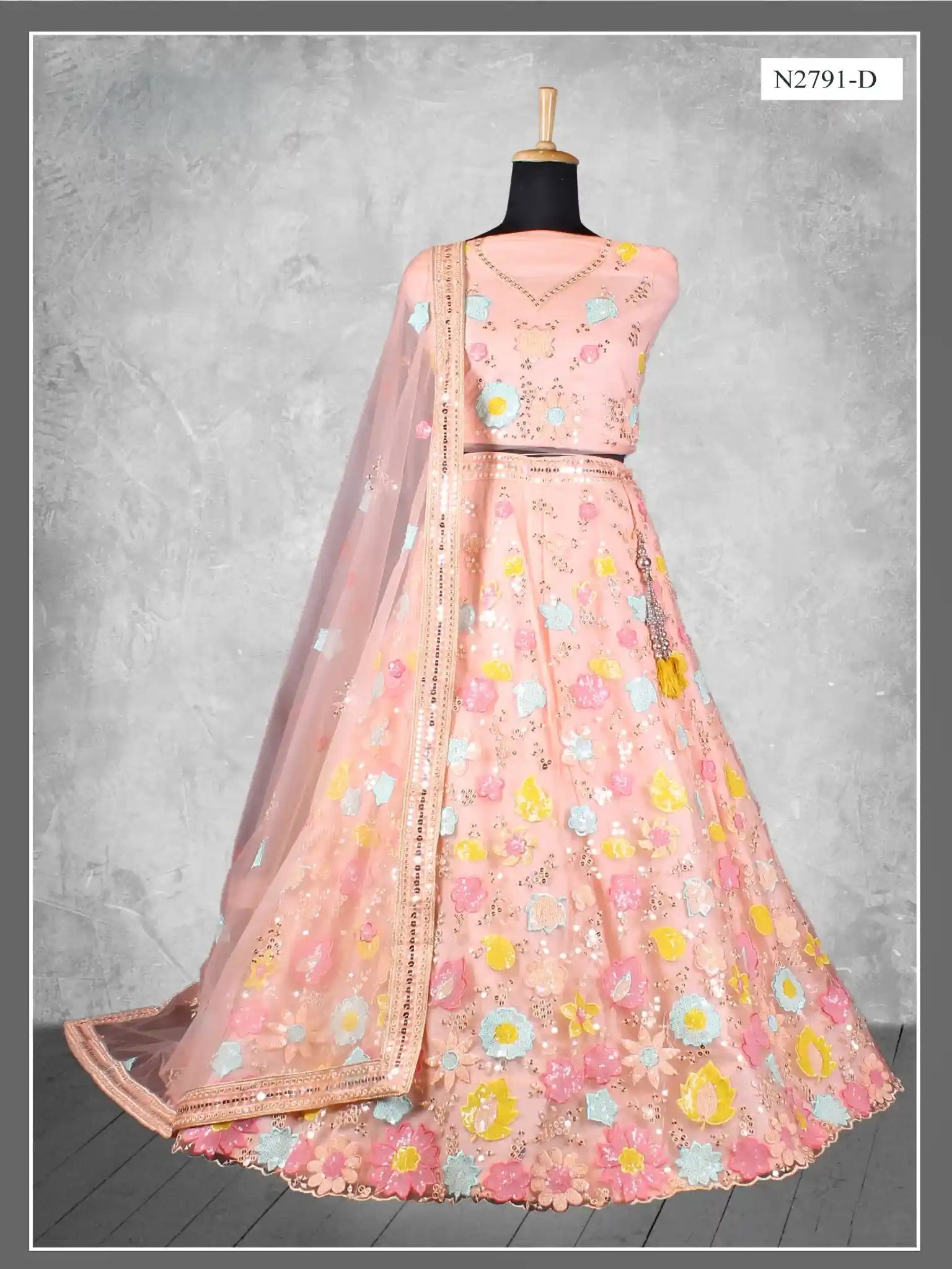 Peach Floral Embroidered Net Semi-Stitched Bridesmaid Lehenga Choli - Fabric Close-up