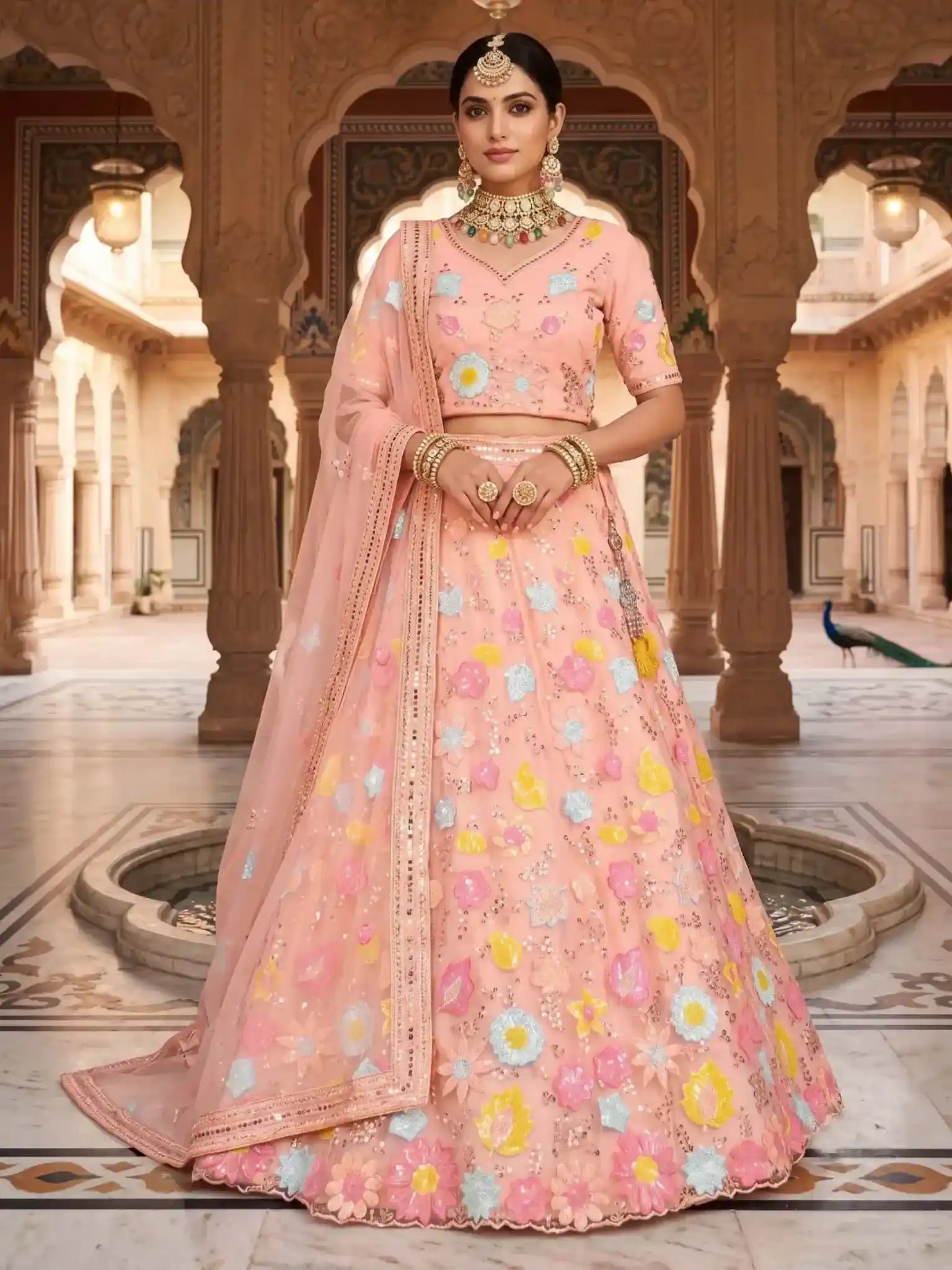 Peach Floral Embroidered Net Semi-Stitched Bridesmaid Lehenga Choli - Front View