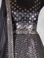 Black Zari & Sequin Chevron Embroidered Net Semi-Stitched Wedding Lehenga Choli - Detail View 1
