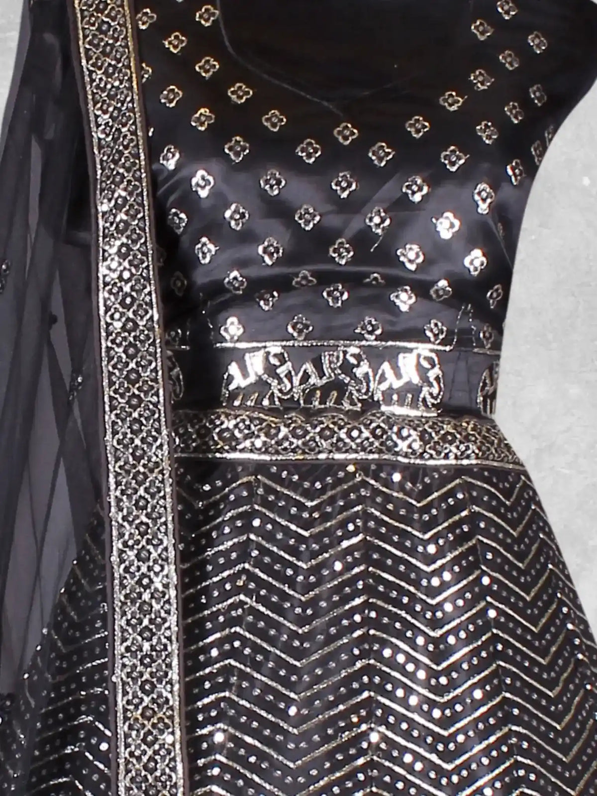 Black Zari & Sequin Chevron Embroidered Net Semi-Stitched Wedding Lehenga Choli - Detail View 1