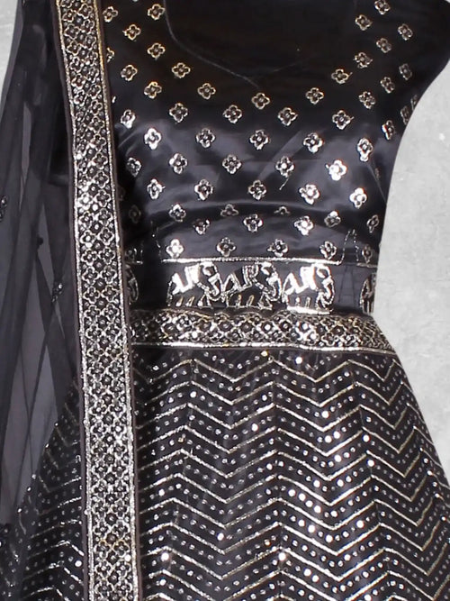 Black Zari & Sequin Chevron Embroidered Net Semi-Stitched Wedding Lehenga Choli - Detail View 1
