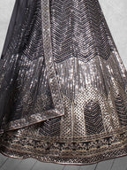 Black Zari & Sequin Chevron Embroidered Net Semi-Stitched Wedding Lehenga Choli - Detail View 2